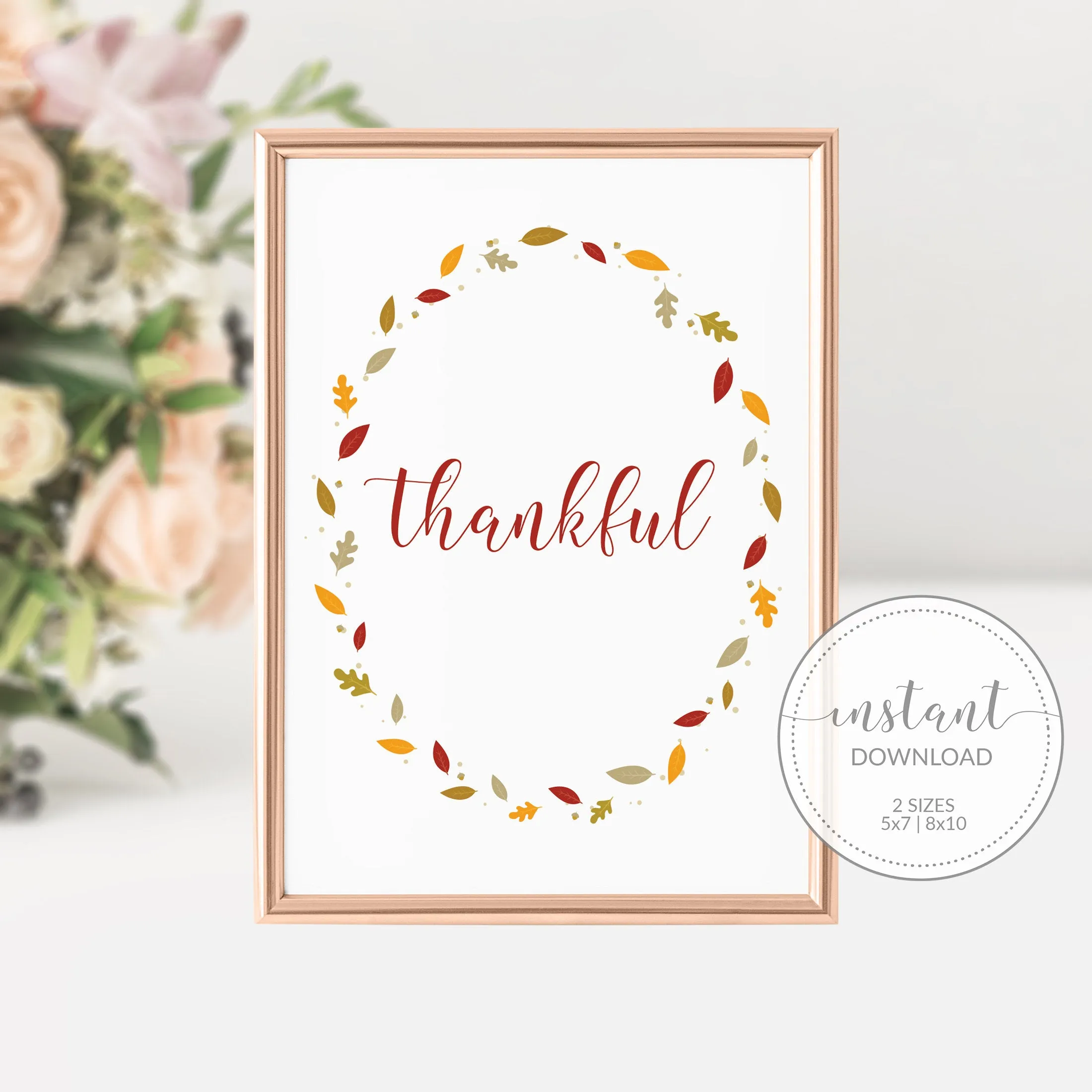 Fall Leaves Thankful Sign Printable, Thanksgiving Sign, Fall Art, INSTANT DOWNLOAD - FL100