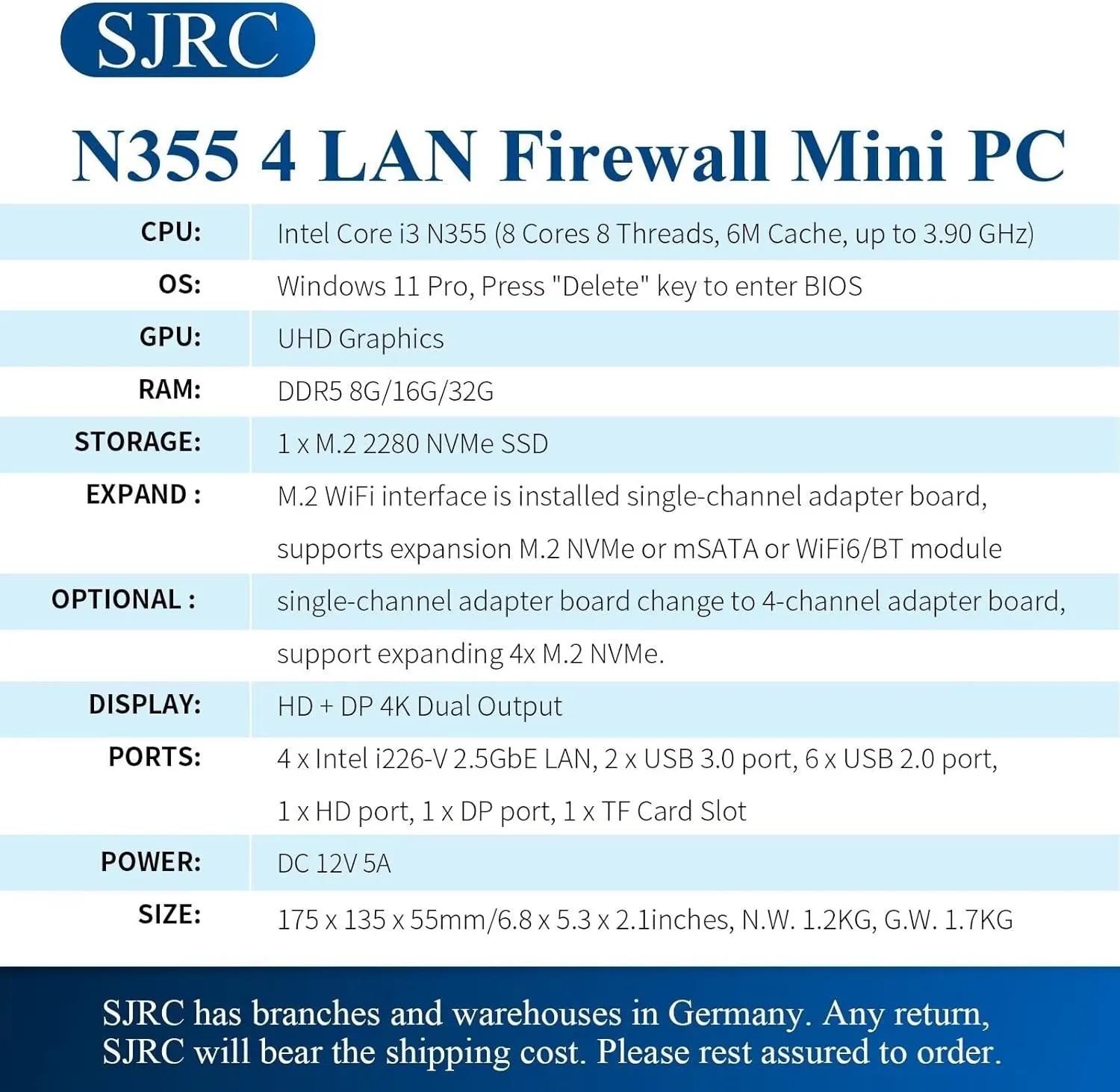 Fanless Firewall Appliance I3 N355 (Up to 3.9Hz), 4 X I226V 2.5Gbe LAN Opnsense Mini PC for Office/Home,