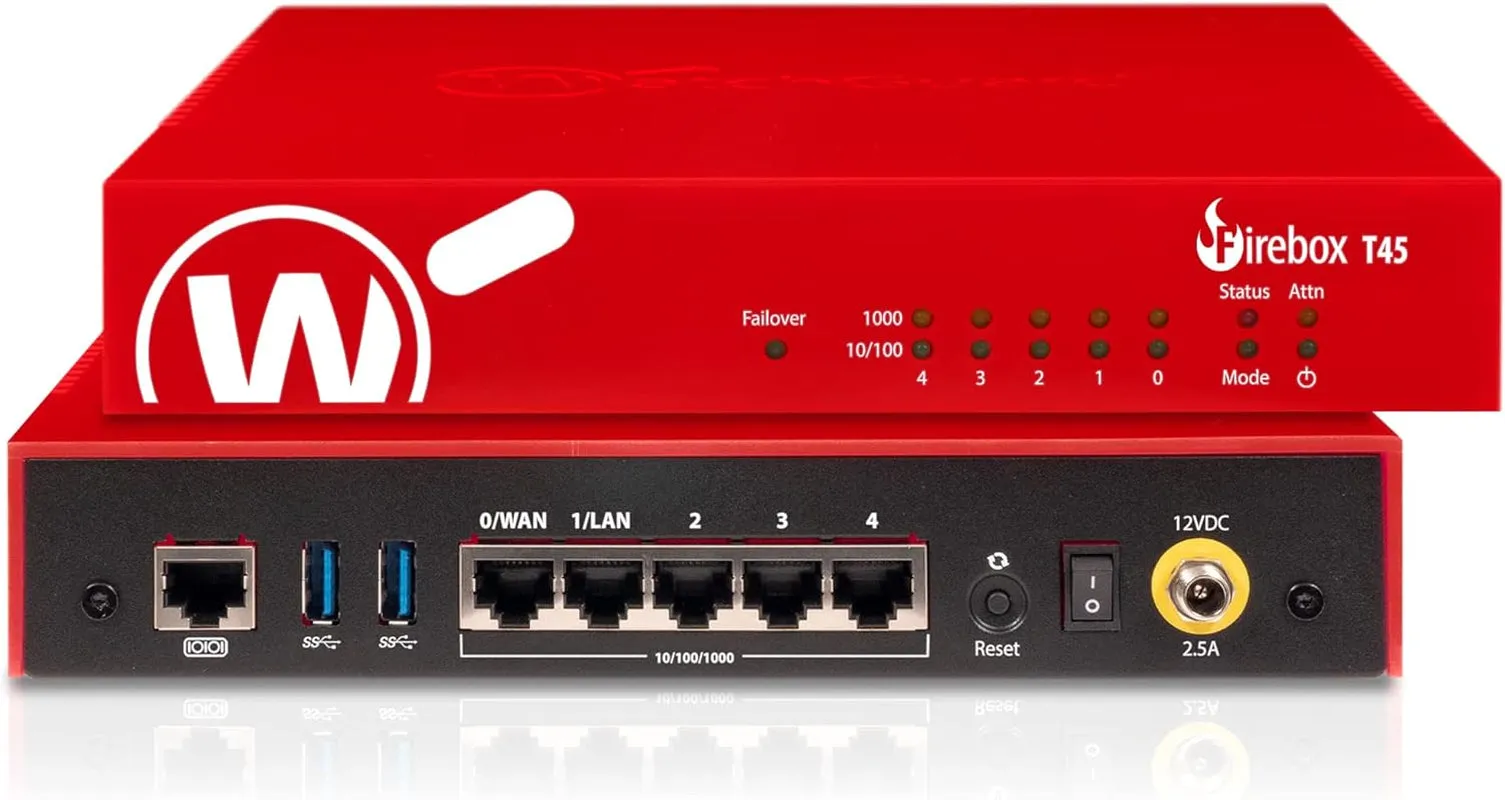 Firebox T45 Network Security Appliance with 3 Year Standard Support License - Advanced Firewall, VPN, Intrusion Prevention (WGT45003)