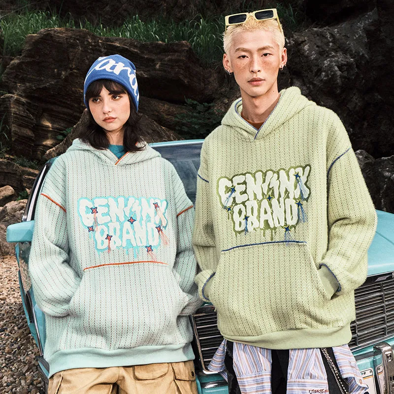 【GENANX2024NEW】Letter Logo embroidered hoodie with rotator cuff drop kangaroo pocket jacquard hoodie