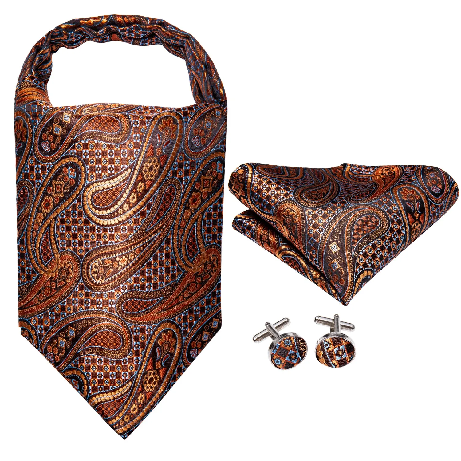 Gold Paisley Silk Ascot Tie Pocket Square Cufflinks Set