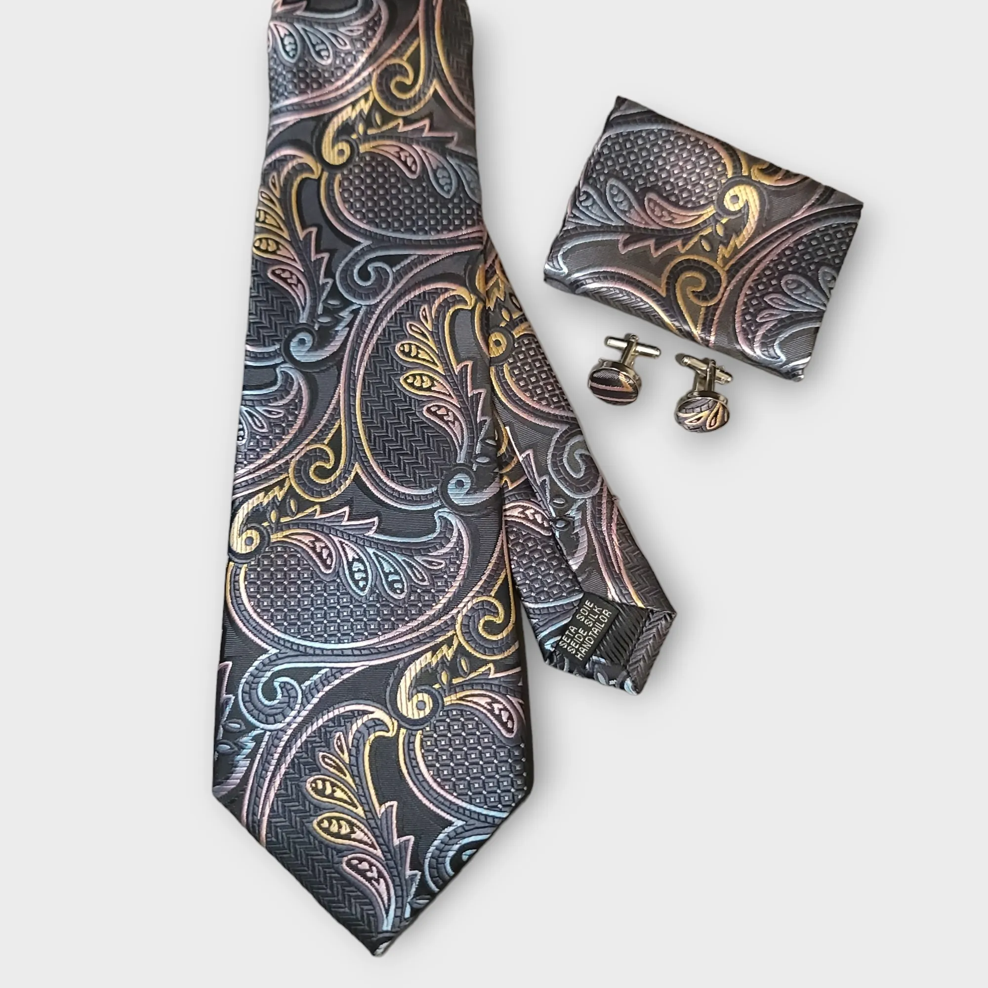 Gray Paisley Tie Hanky Cufflinks Set 100% Silk