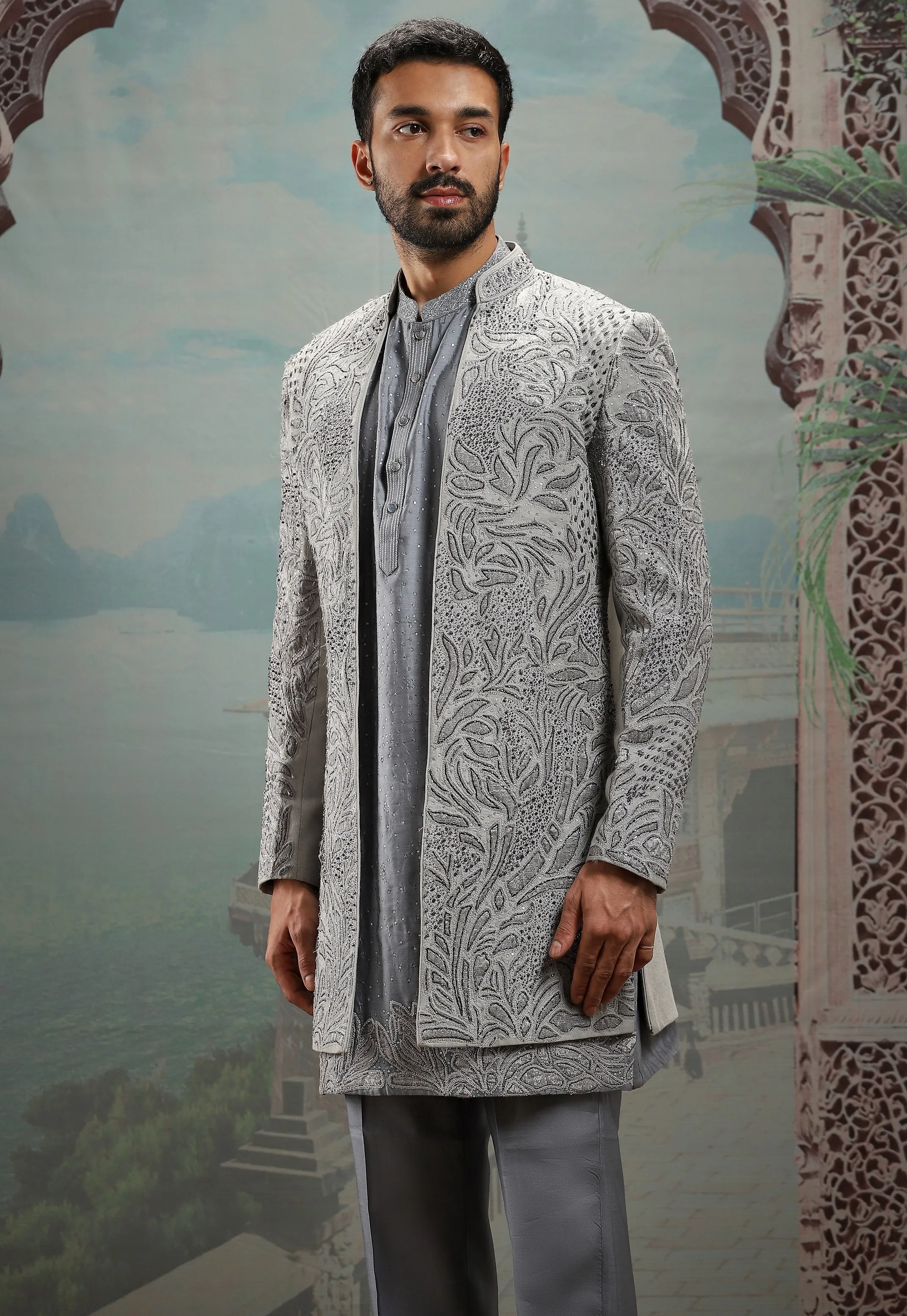Grey Raw Silk Dabka Embroidered Sherwani Set