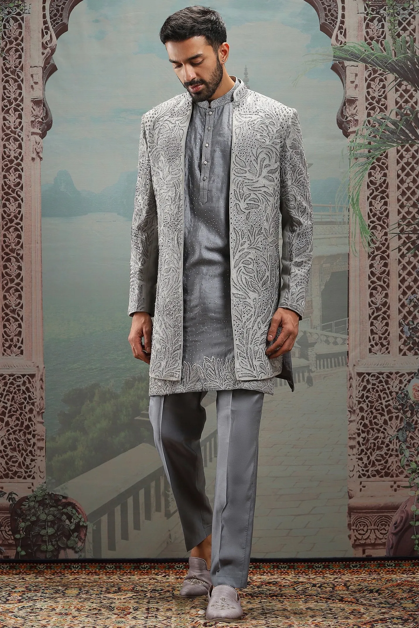 Grey Raw Silk Dabka Embroidered Sherwani Set