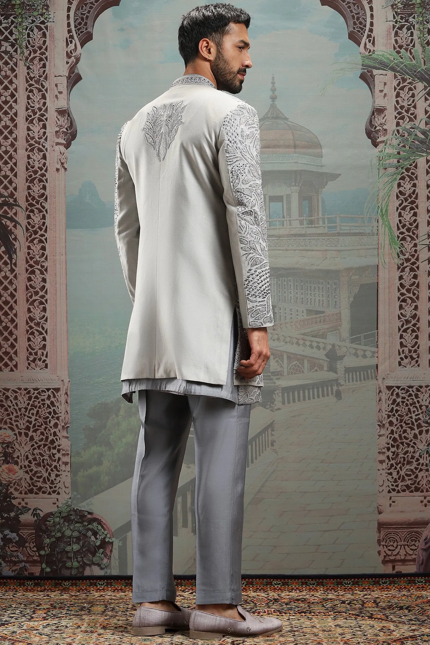 Grey Raw Silk Dabka Embroidered Sherwani Set