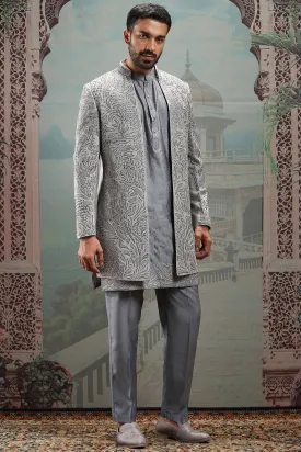 Grey Raw Silk Dabka Embroidered Sherwani Set