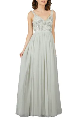 Grey Sequins Sleeveless Tulle Maxi Dress