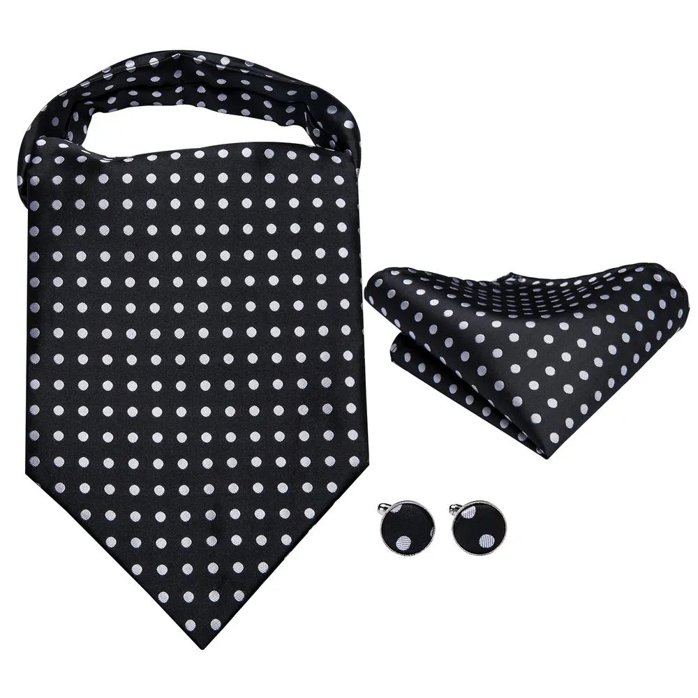 Hi-Tie Ascot Neck Tie Black White Polka Dot Ascot Hanky Cufflinks Set