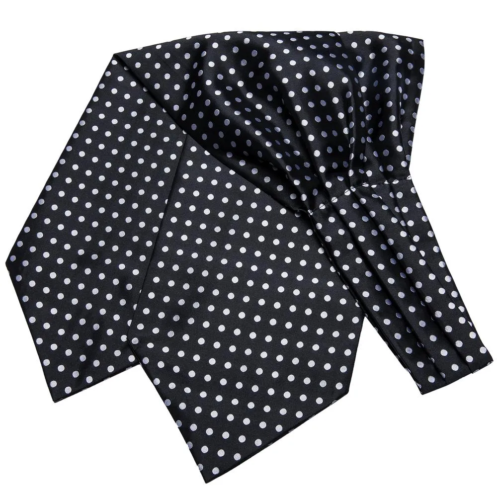 Hi-Tie Ascot Neck Tie Black White Polka Dot Ascot Hanky Cufflinks Set