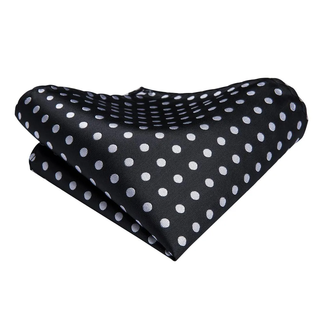 Hi-Tie Ascot Neck Tie Black White Polka Dot Ascot Hanky Cufflinks Set