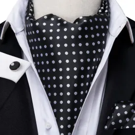 Hi-Tie Ascot Neck Tie Black White Polka Dot Ascot Hanky Cufflinks Set