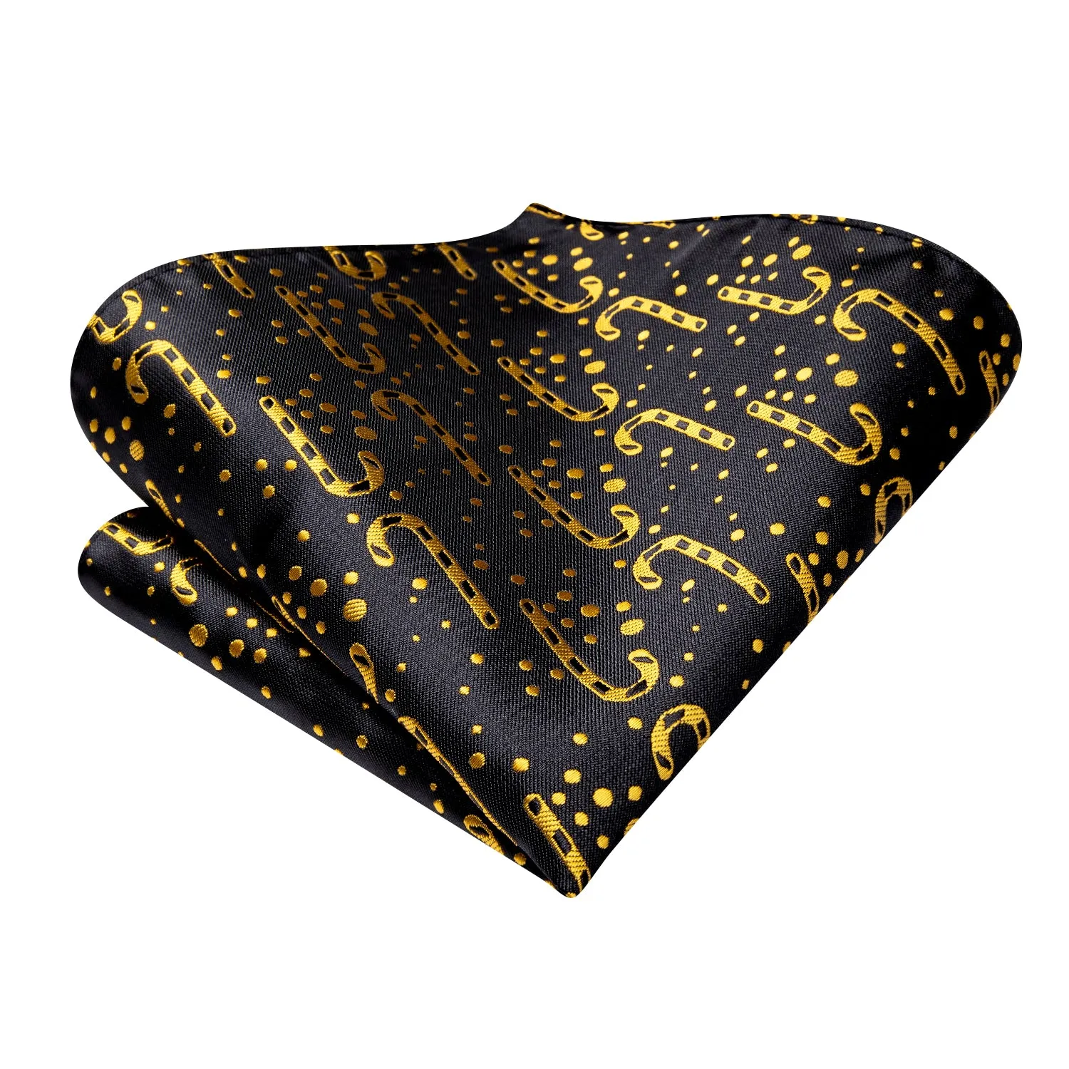 Hi-Tie Black Gold Candy Cane Christmas Ascot Pocket Square Cufflinks Set