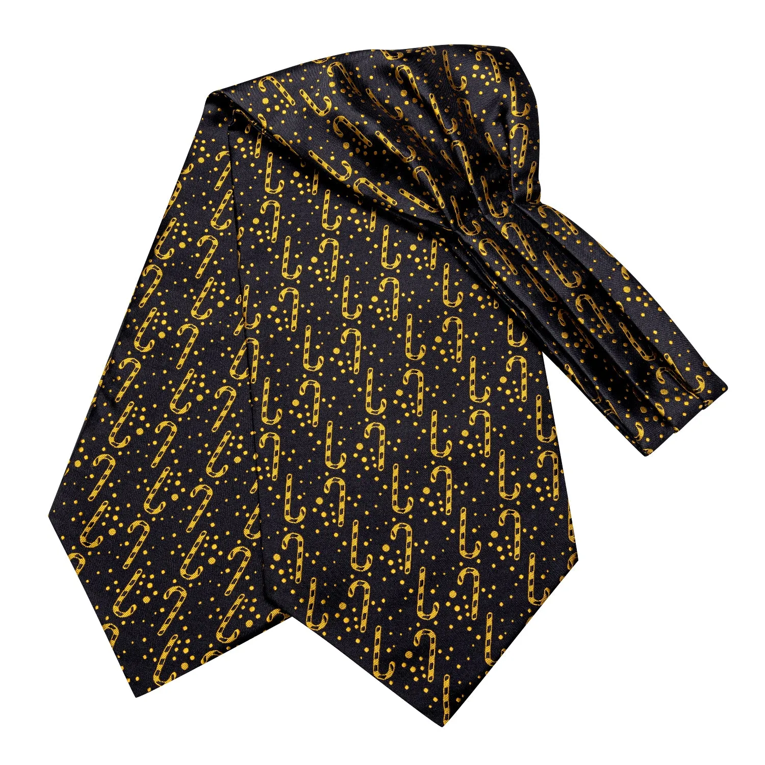 Hi-Tie Black Gold Candy Cane Christmas Ascot Pocket Square Cufflinks Set