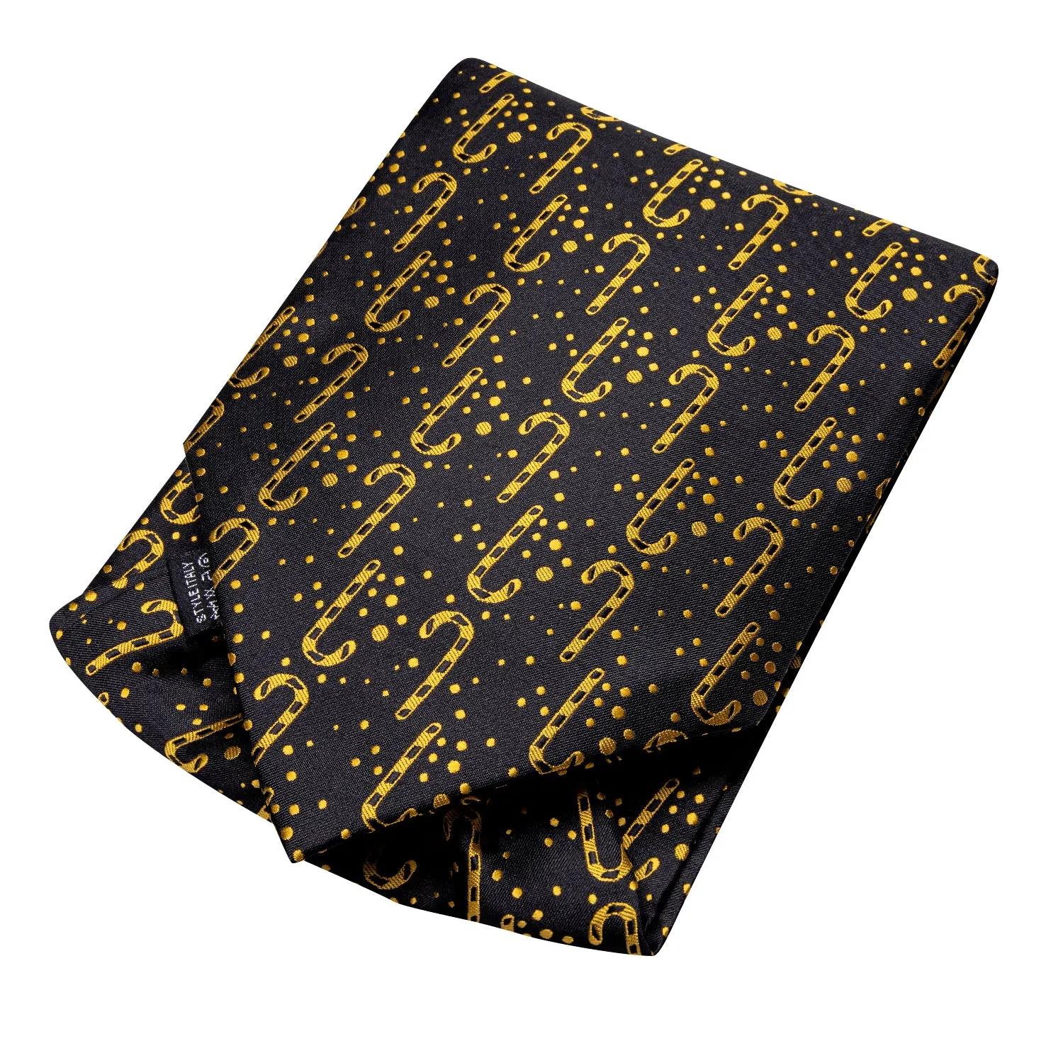 Hi-Tie Black Gold Candy Cane Christmas Ascot Pocket Square Cufflinks Set