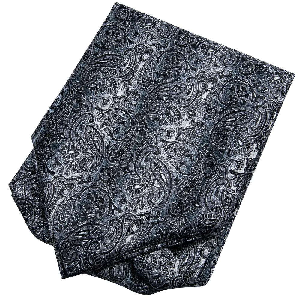 Hi-Tie Black Grey Paisley Ascot Pocket Square Cufflinks Set