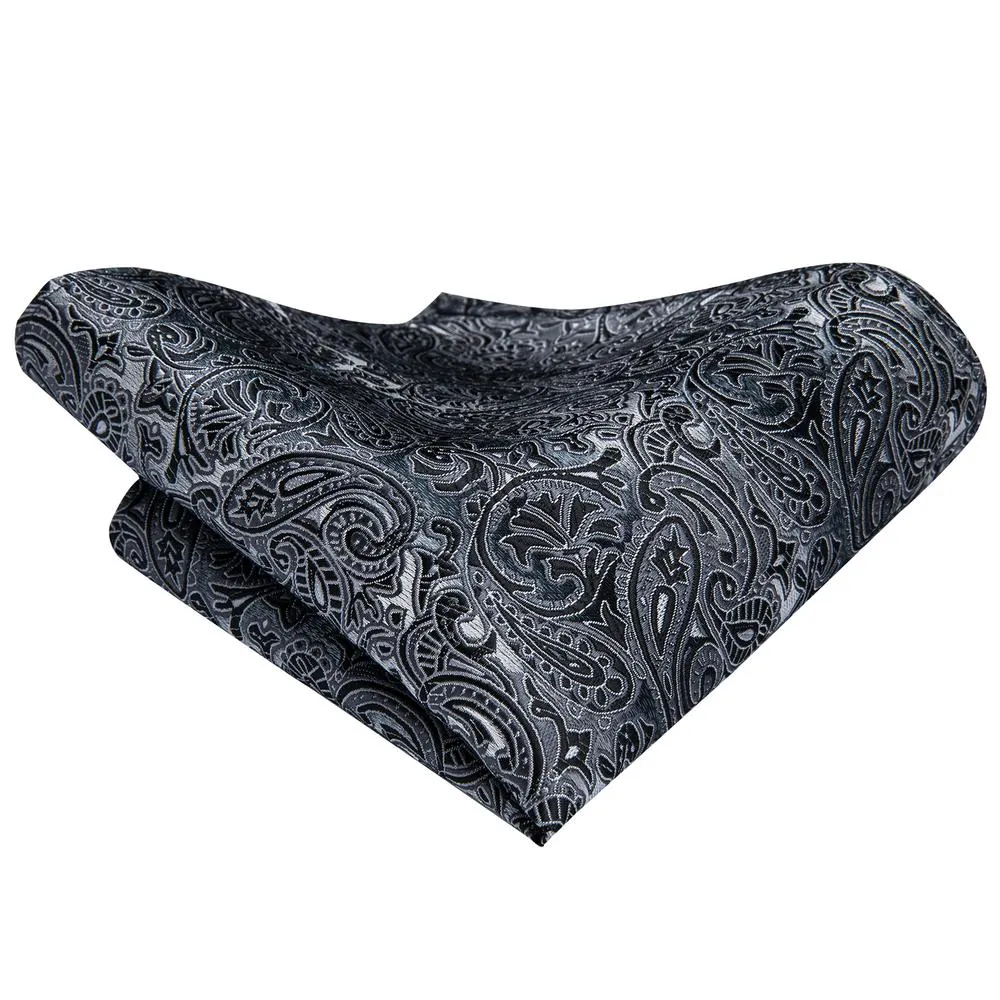 Hi-Tie Black Grey Paisley Ascot Pocket Square Cufflinks Set
