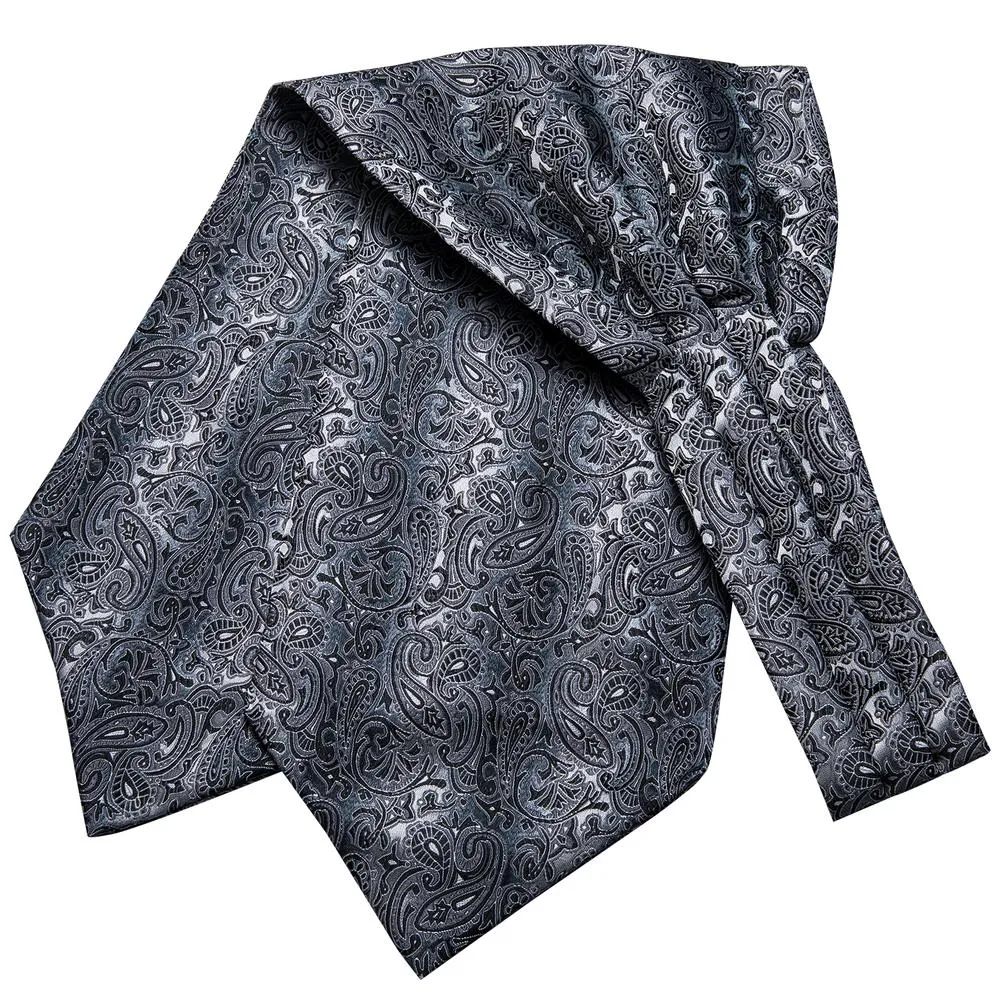 Hi-Tie Black Grey Paisley Ascot Pocket Square Cufflinks Set