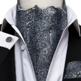 Hi-Tie Black Grey Paisley Ascot Pocket Square Cufflinks Set