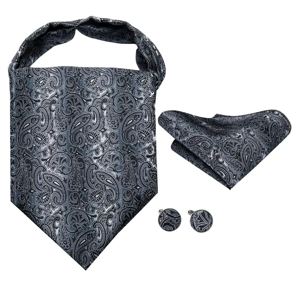 Hi-Tie Black Grey Paisley Ascot Pocket Square Cufflinks Set