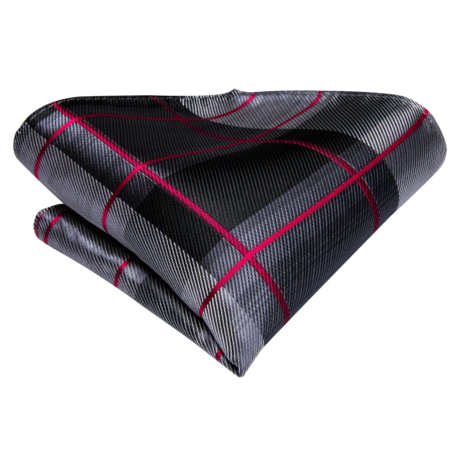 Hi-Tie Black Red Plaid Silk Ascot Tie Pocket Square Cufflinks Set
