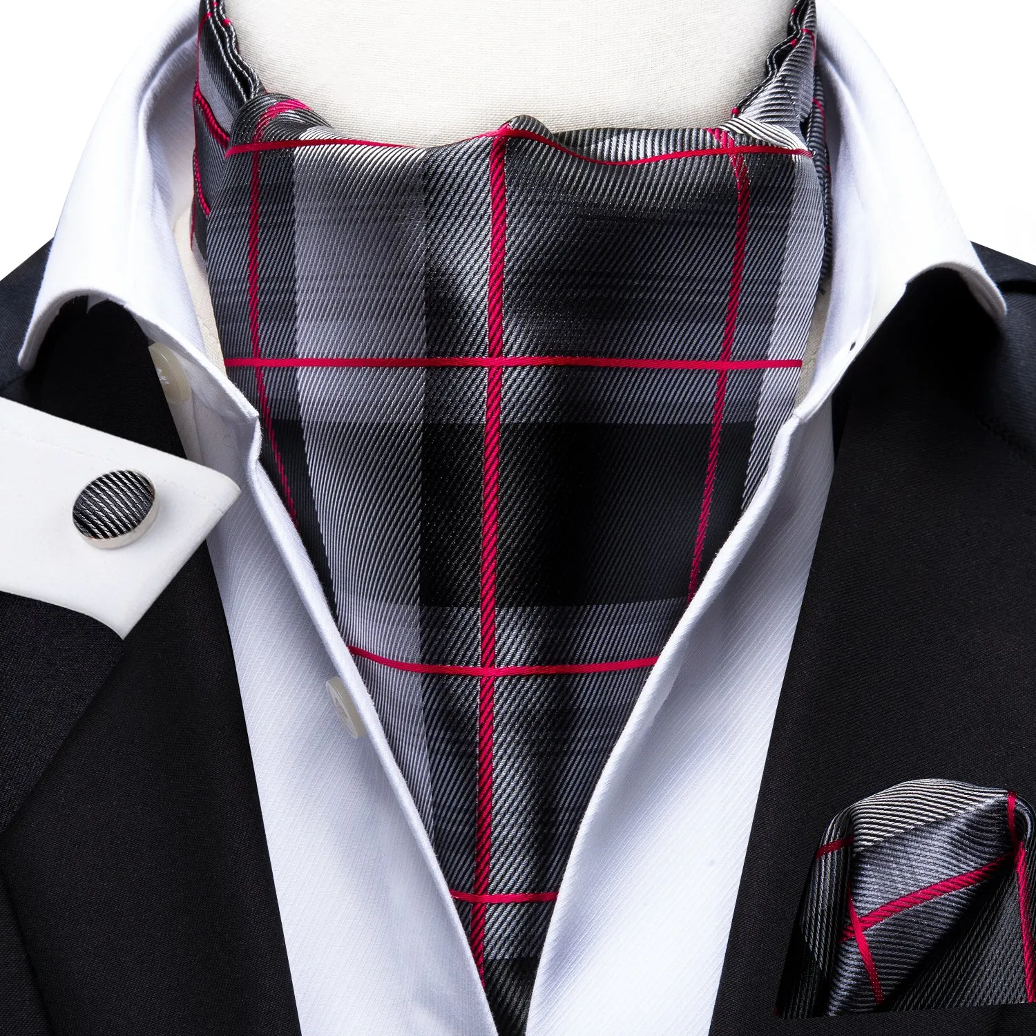Hi-Tie Black Red Plaid Silk Ascot Tie Pocket Square Cufflinks Set