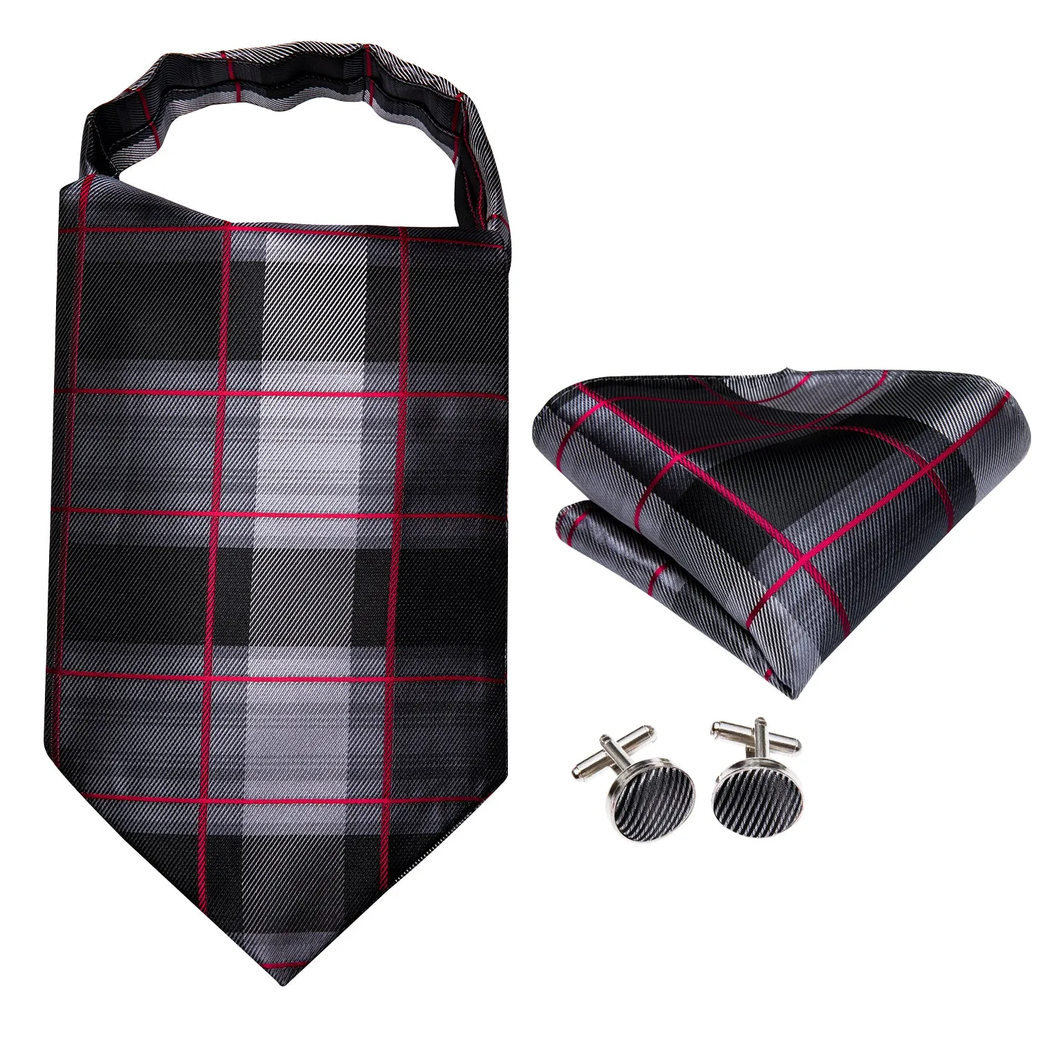 Hi-Tie Black Red Plaid Silk Ascot Tie Pocket Square Cufflinks Set