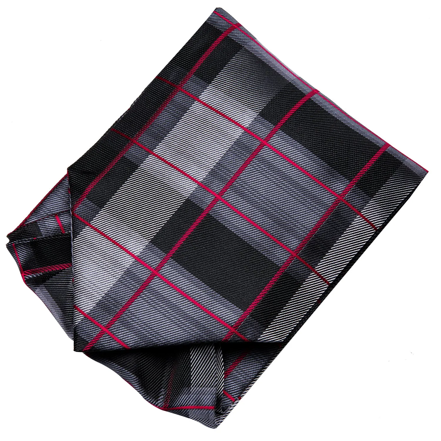 Hi-Tie Black Red Plaid Silk Ascot Tie Pocket Square Cufflinks Set