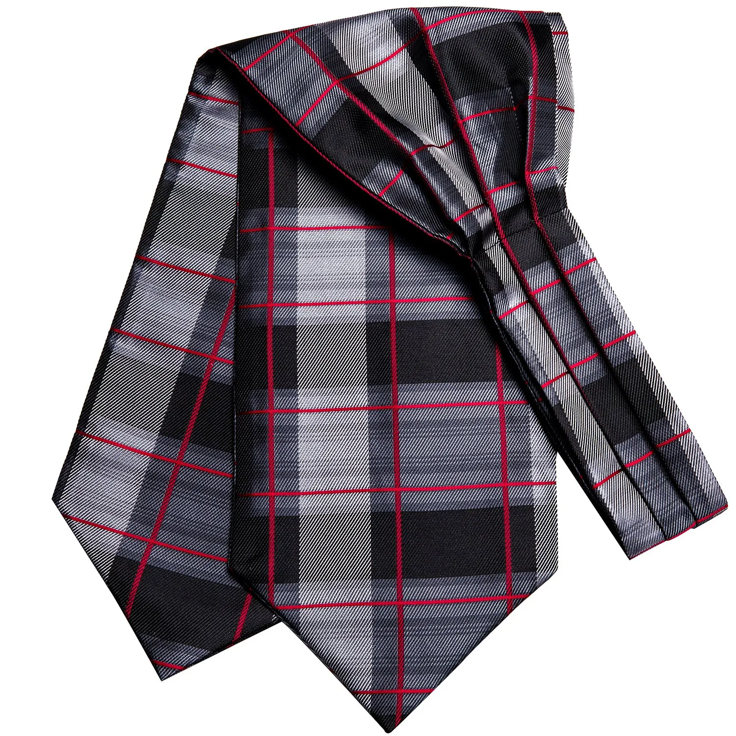Hi-Tie Black Red Plaid Silk Ascot Tie Pocket Square Cufflinks Set