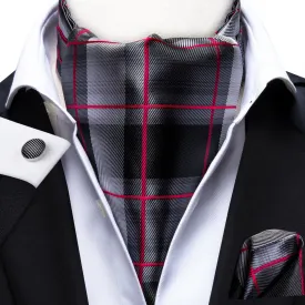 Hi-Tie Black Red Plaid Silk Ascot Tie Pocket Square Cufflinks Set