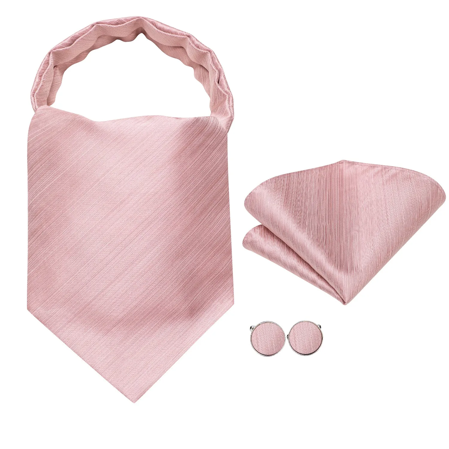 Hi-Tie Pink Neck Tie Solid Men's Ascot Tie Pocket Square Cufflinks Set