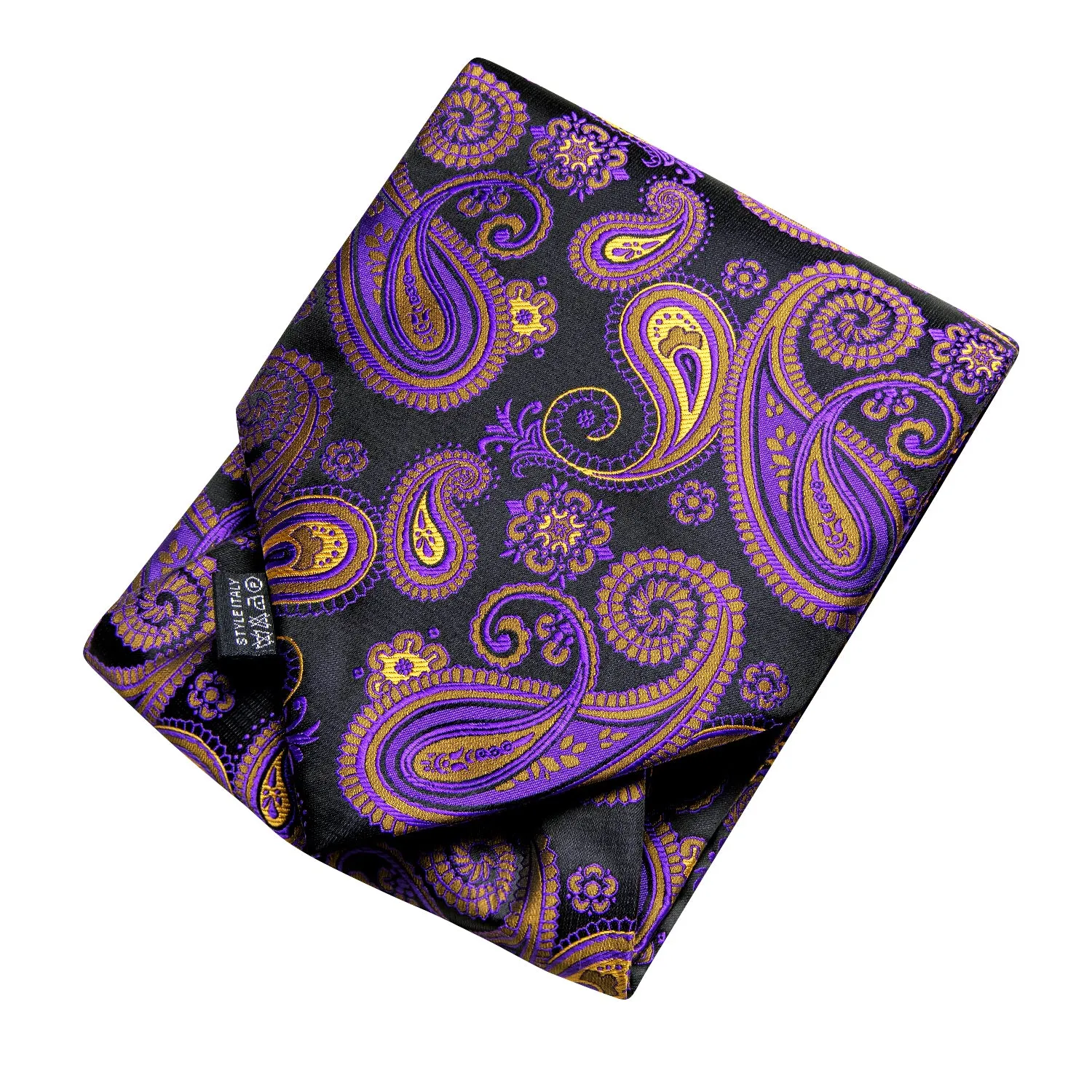Hi-Tie Purple Tie Yellow Paisley Ascot Tie Pocket Square Cufflinks Set