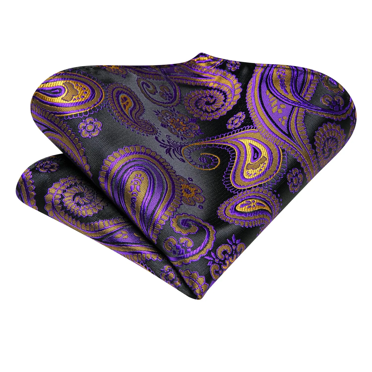 Hi-Tie Purple Tie Yellow Paisley Ascot Tie Pocket Square Cufflinks Set