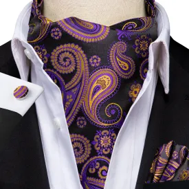 Hi-Tie Purple Tie Yellow Paisley Ascot Tie Pocket Square Cufflinks Set