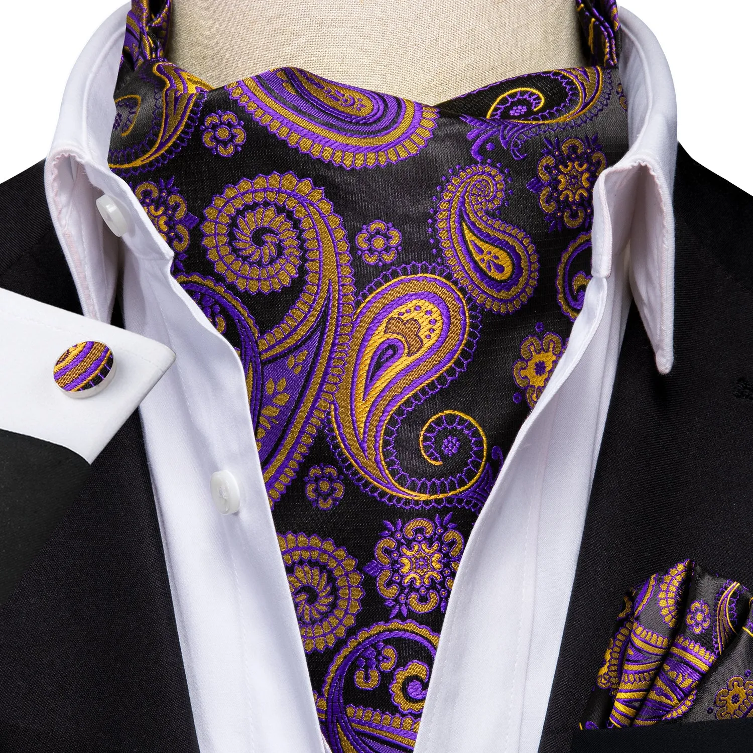 Hi-Tie Purple Tie Yellow Paisley Ascot Tie Pocket Square Cufflinks Set