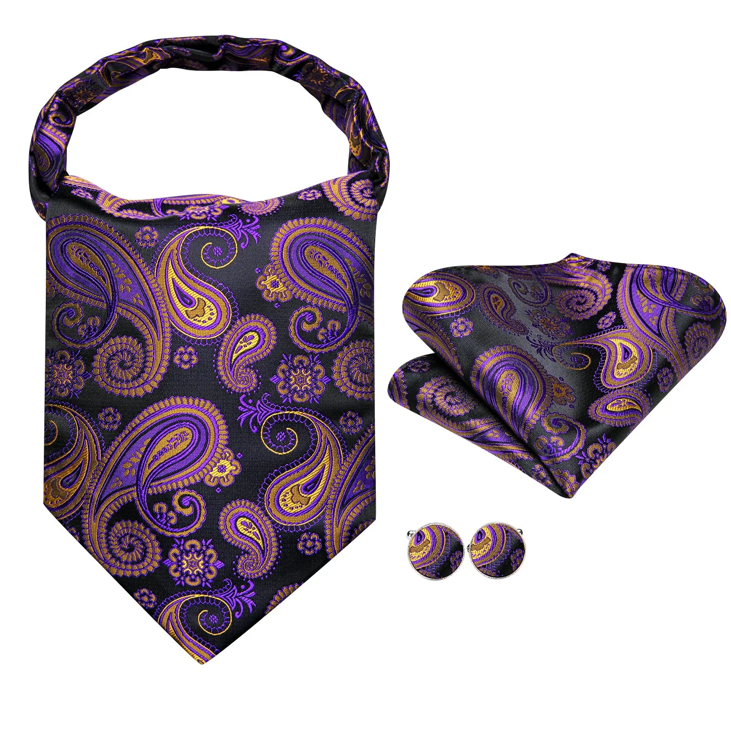 Hi-Tie Purple Tie Yellow Paisley Ascot Tie Pocket Square Cufflinks Set
