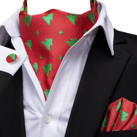 Hi-Tie Red Green Christmas Tree Ascot Tie Pocket Square Cufflinks Set