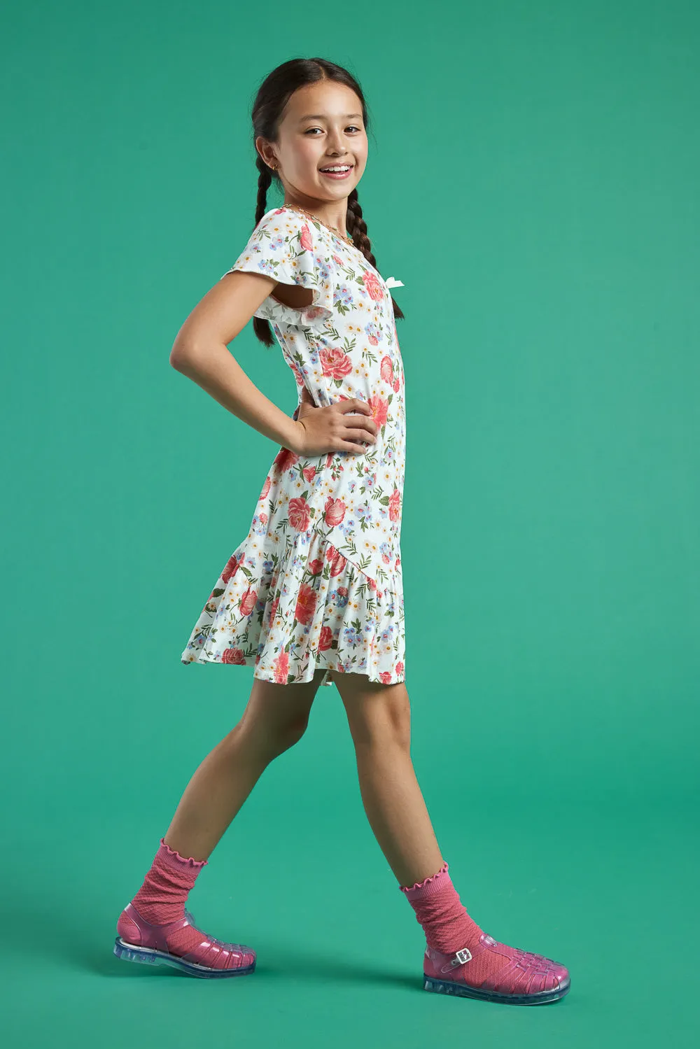 Kids White Floral Short Sleeve Scrunchy Dress