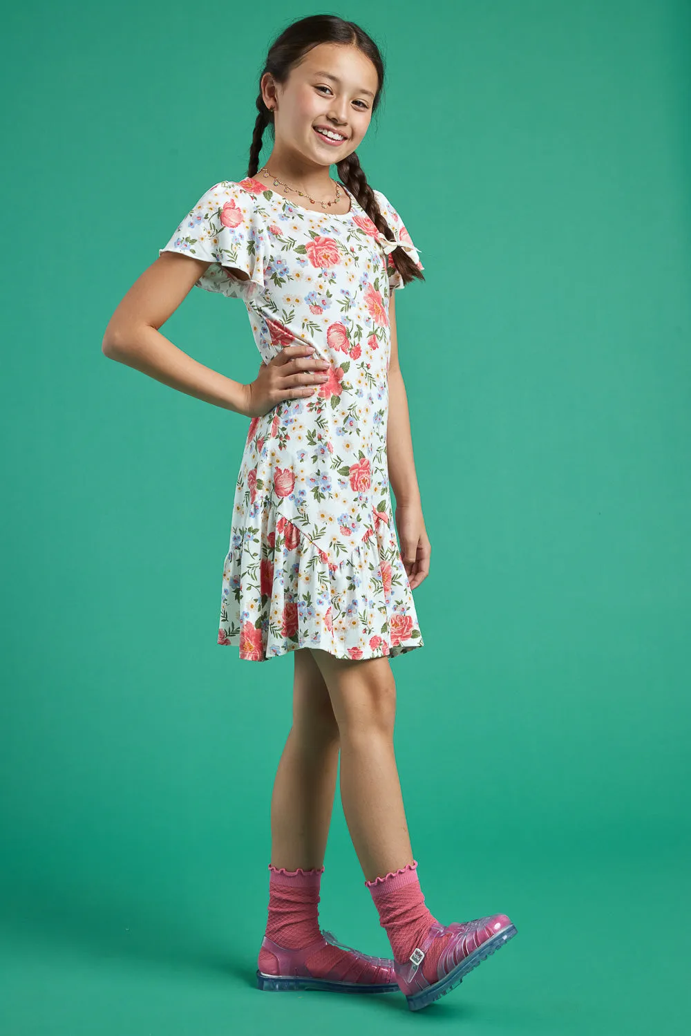 Kids White Floral Short Sleeve Scrunchy Dress
