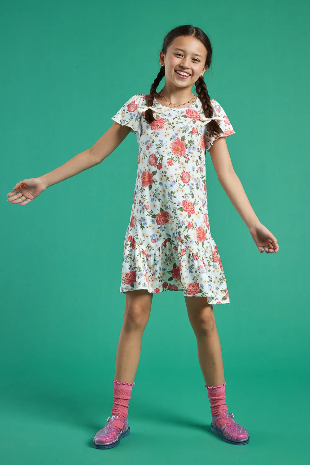 Kids White Floral Short Sleeve Scrunchy Dress