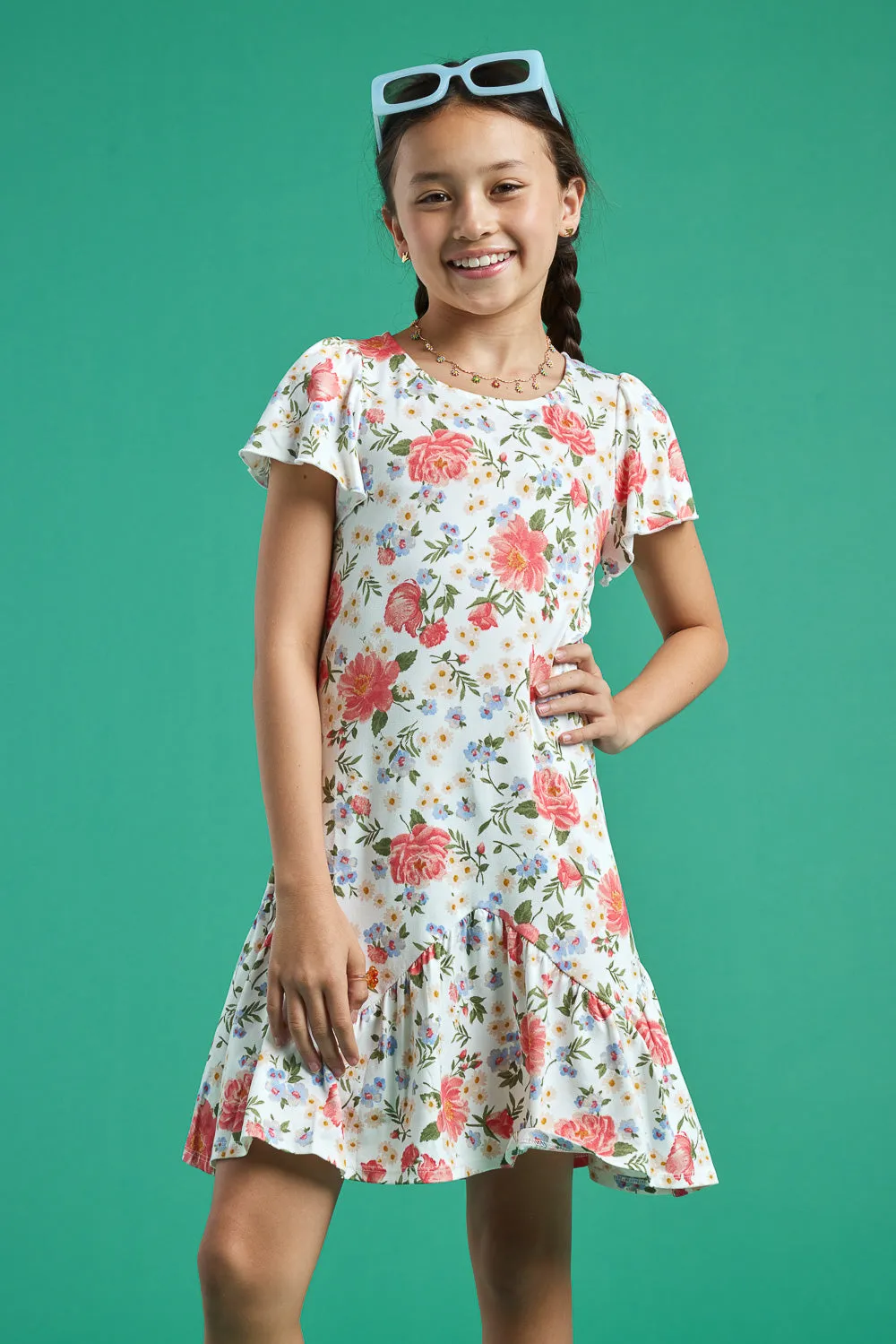 Kids White Floral Short Sleeve Scrunchy Dress
