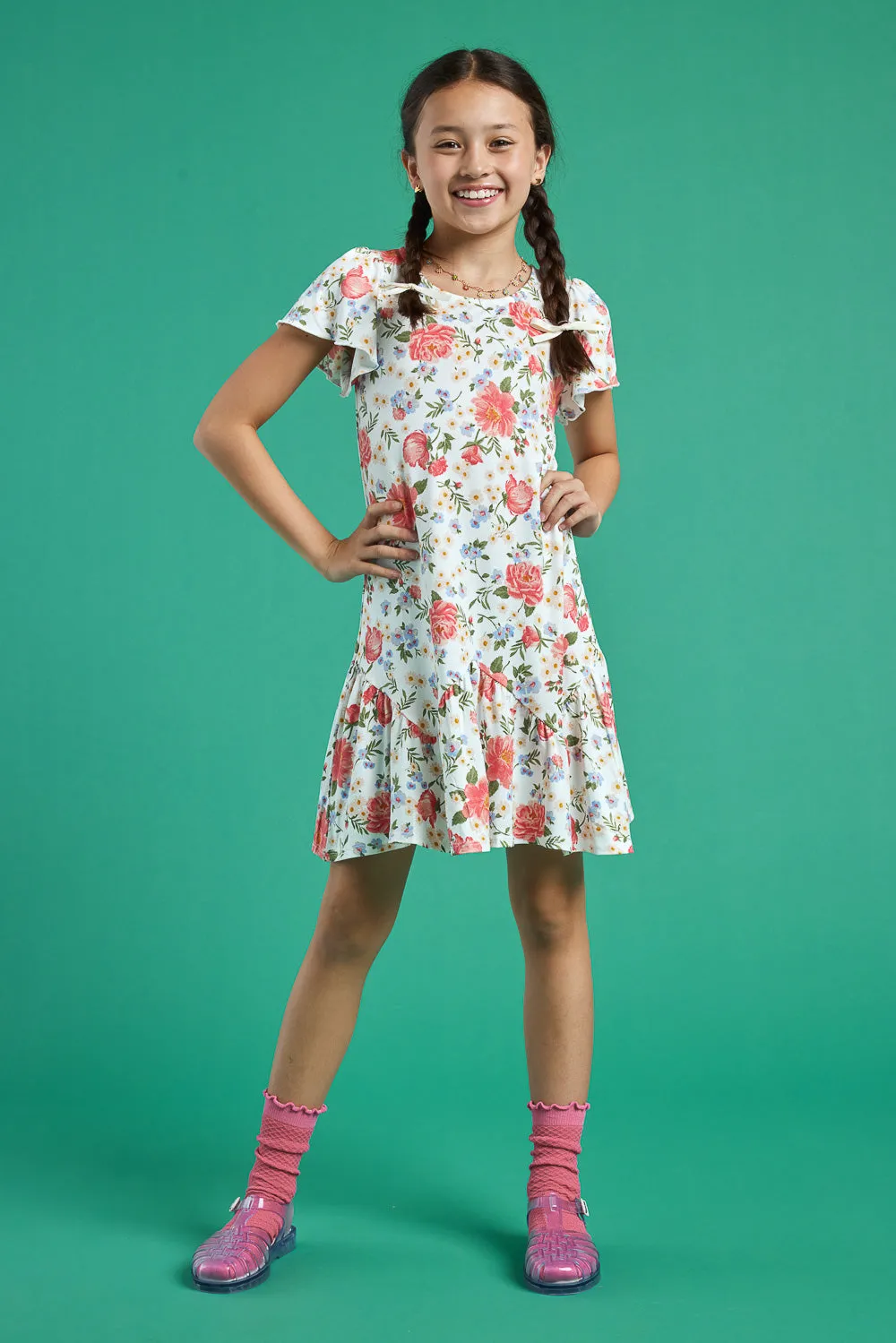 Kids White Floral Short Sleeve Scrunchy Dress