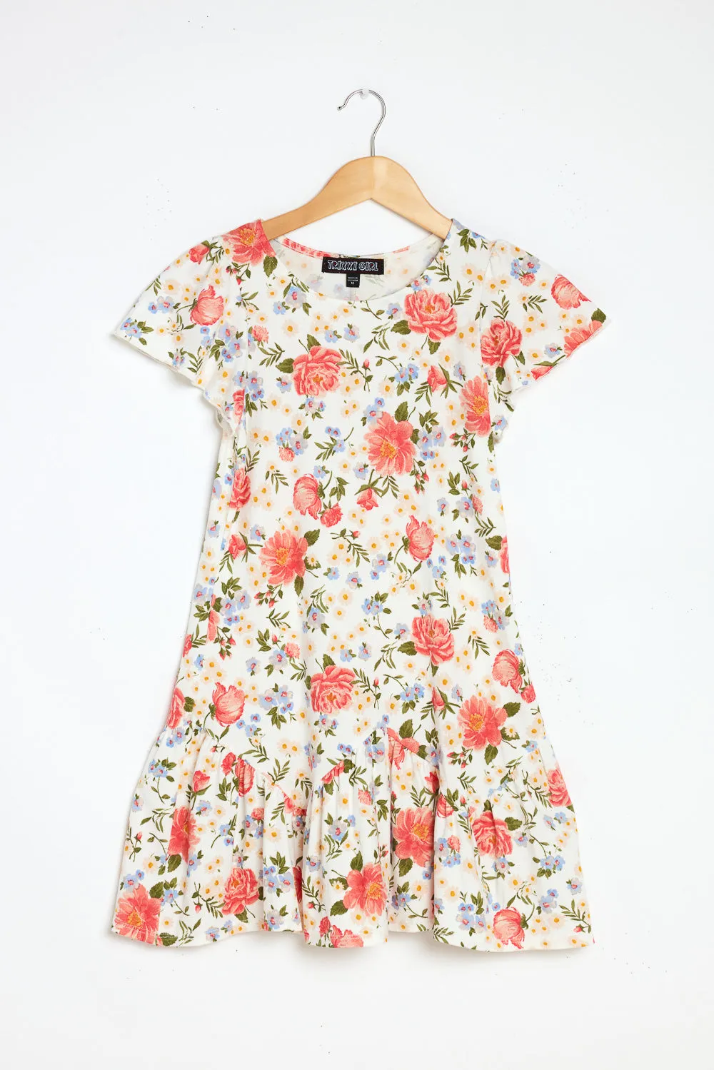 Kids White Floral Short Sleeve Scrunchy Dress