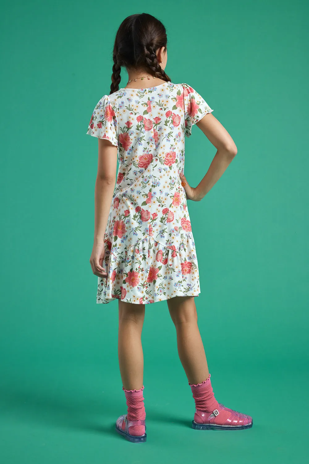 Kids White Floral Short Sleeve Scrunchy Dress