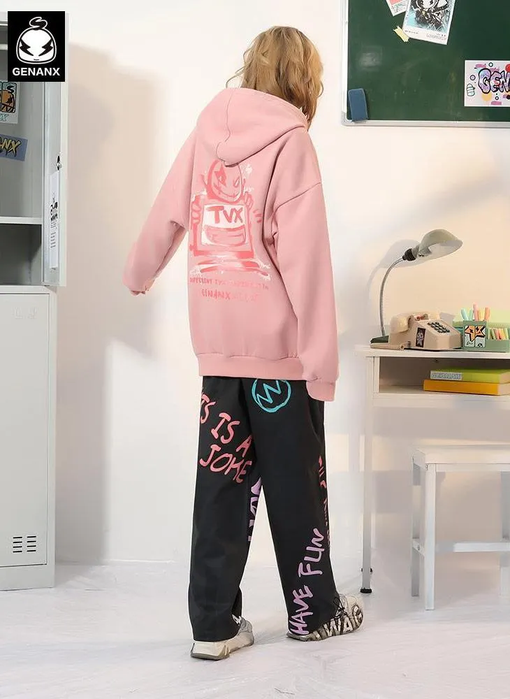 Letter Print Stretch Rope Jogger Casual Pants