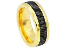 Mens 8mm Gold Stainless Steel Black Cable Inlay Ring