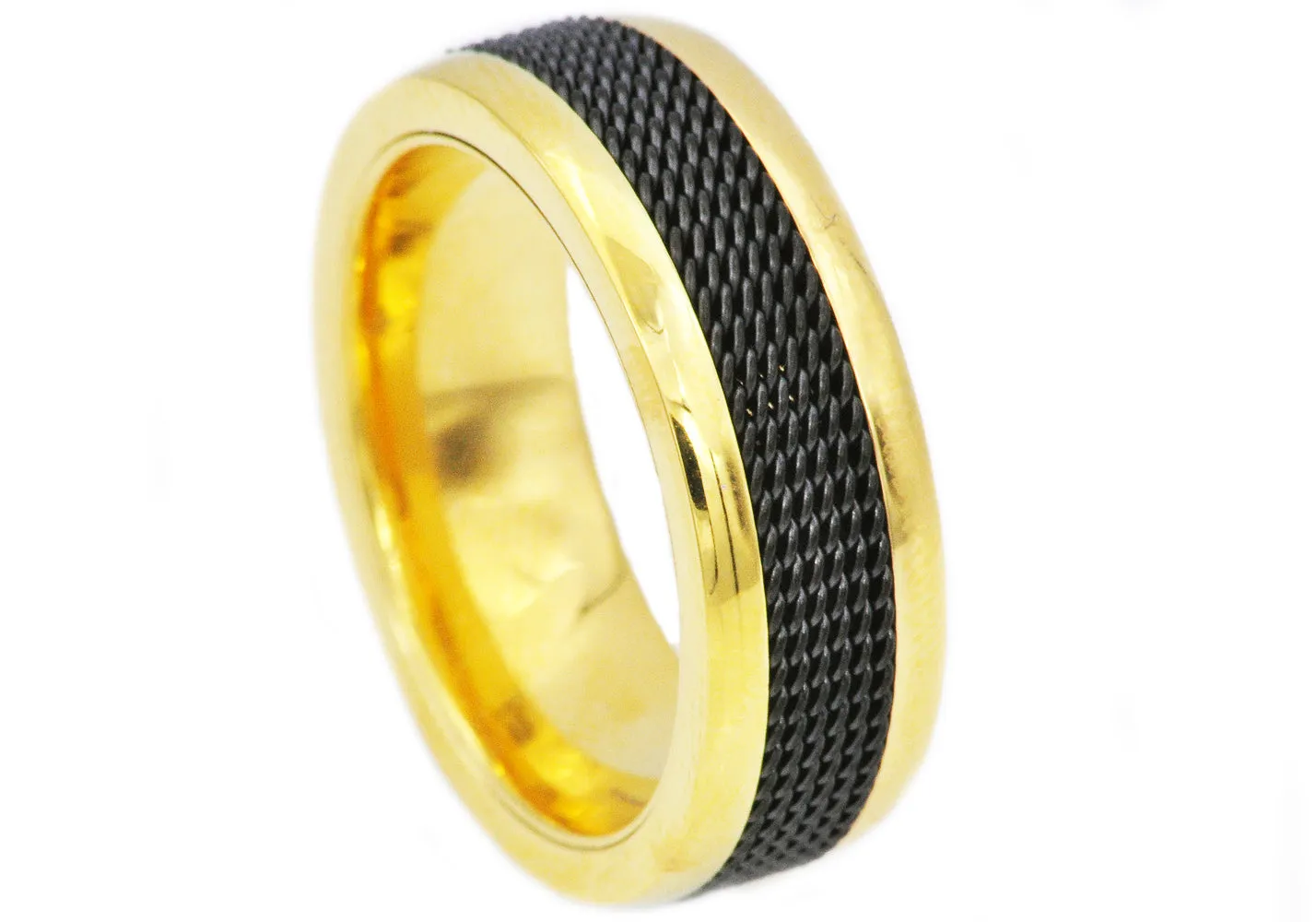 Mens 8mm Gold Stainless Steel Black Cable Inlay Ring