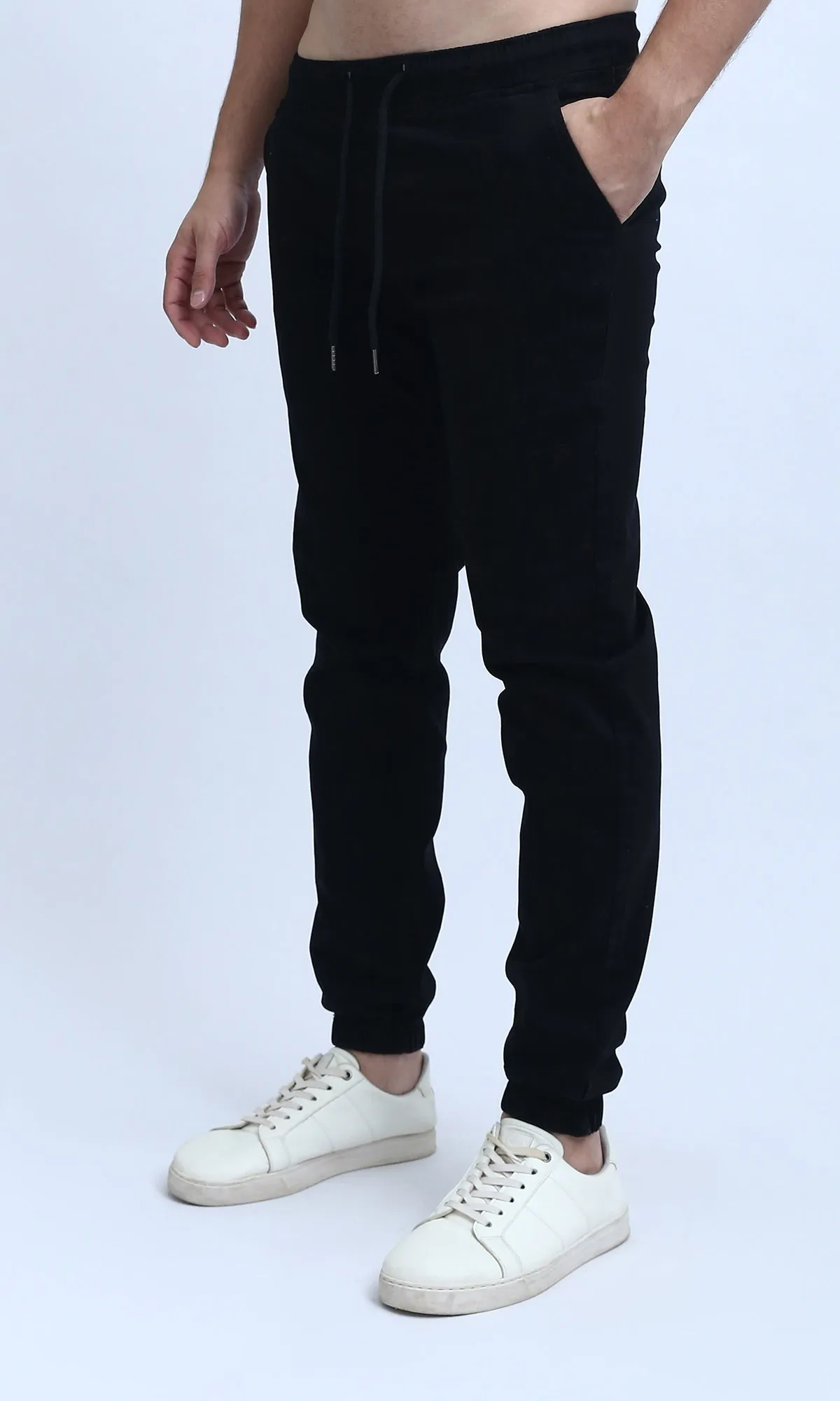 O201039 - Elastic Waist Cargo Pants with Drawstring - Black