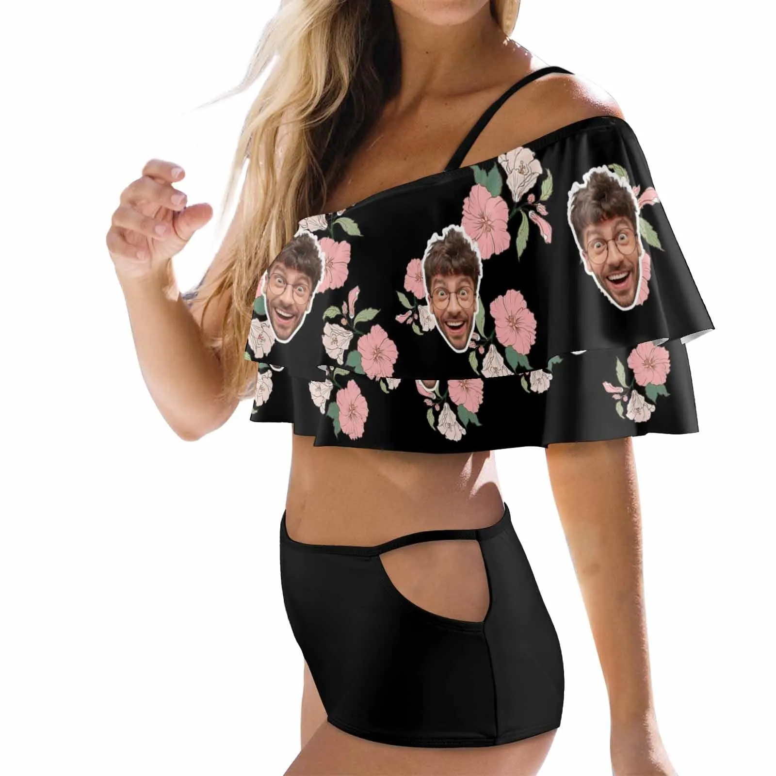 #Plus Size Off Shoulder Bikini-Custom Face Pink And White Flowers 2 Ways to Wear Ruffle High Waisted Bikini Set Two Pieces Swimsuit Beachwear