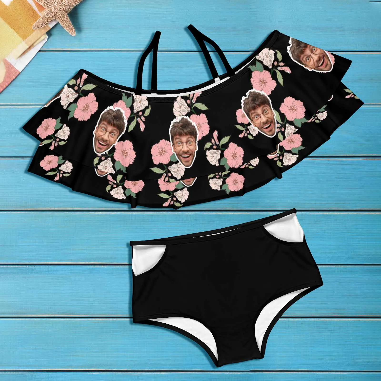 #Plus Size Off Shoulder Bikini-Custom Face Pink And White Flowers 2 Ways to Wear Ruffle High Waisted Bikini Set Two Pieces Swimsuit Beachwear