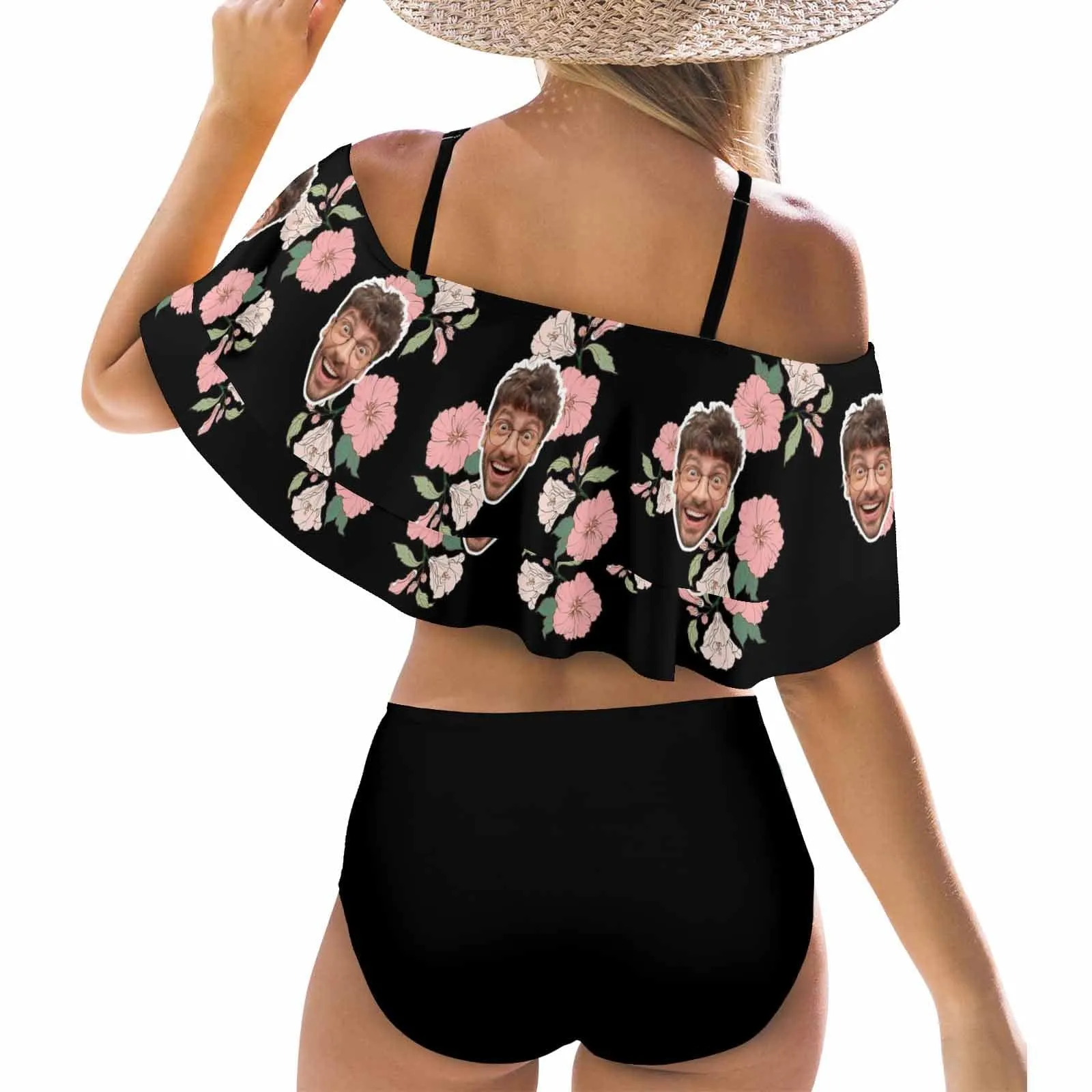 #Plus Size Off Shoulder Bikini-Custom Face Pink And White Flowers 2 Ways to Wear Ruffle High Waisted Bikini Set Two Pieces Swimsuit Beachwear